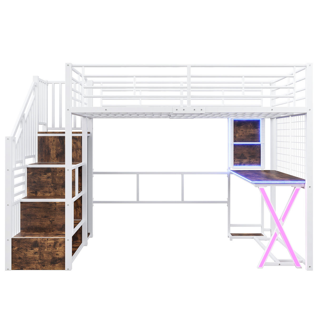 HOCHBETT 140/200 cm mit LED-Leuchten, Ablageleiter und Schreibtisch, Weiß mit Matratze - Weiß, Metall (140/200cm) - OKWISH