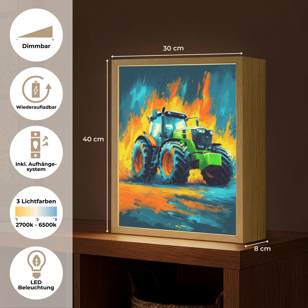 NÁSTĚNNÁ LAMPA S AKUMULÁTOREM Abstrakt - Traktor - Zelený 30x40 cm - tmavě modrá, kompozitní dřevo (30/40/8cm) - OnlyWow