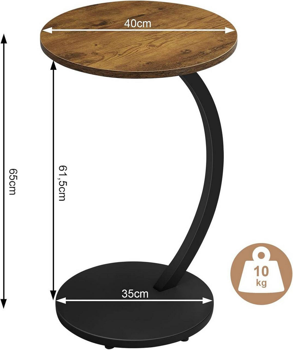BEISTELLTISCH C Form, φ40xH65 cm, Vintage-Holzoptik - Alteiche/Schwarz, Holzwerkstoff/Metall (40/40/65cm) - Woltu