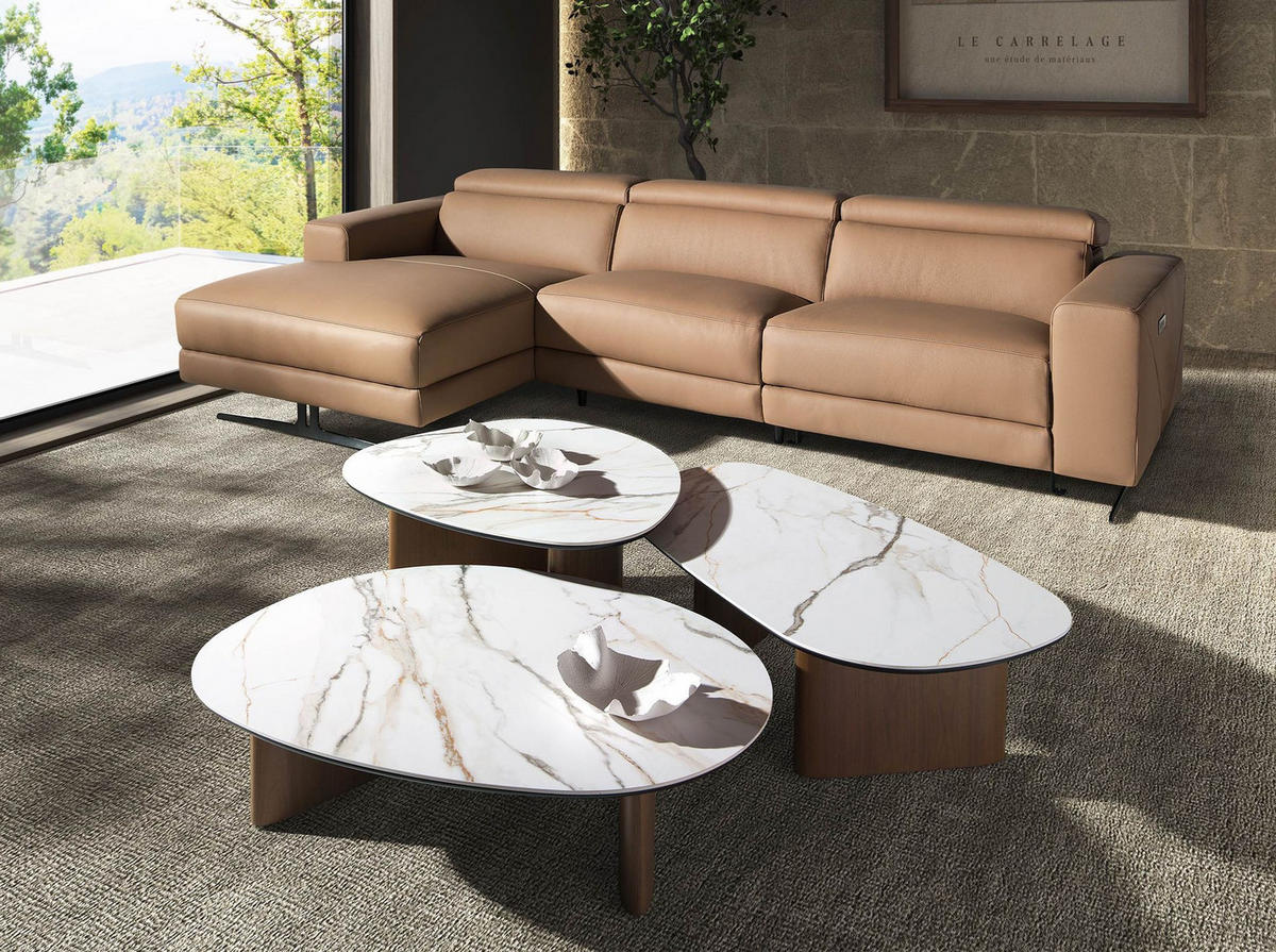 COUCHTISCH in organischer Form aus Keramikmarmor und Walnussholz 101/60/30 cm - Walnussfarben/Hellgrau, Keramik/Holz (60/101/30cm) - ANGEL CERDA