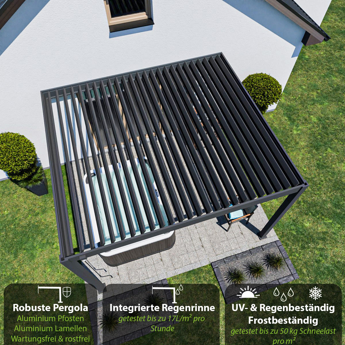 PERGOLA Deluxe Wand Pavillon Terrassenüberdachung Aluminium 3,6 x 4 m anthrazit - Schwarz, Metall (360/255/400cm) - WEIDE