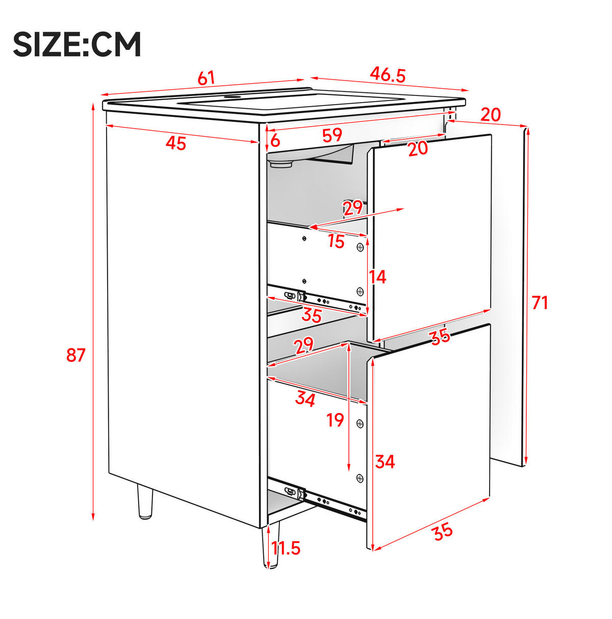 FREISTEHENDER Badezimmerwaschtisch aus MDF und Keramik 61x46,5x87 cm Weiß mit 2 Schubladen und Soft-Close - Weiß, Keramik (61/87/46.5cm) - Modfu