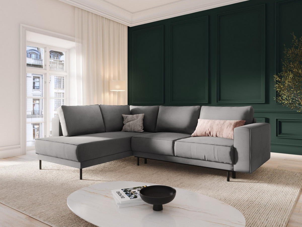 AUSKLAPPBARES-ECKSOFA links Caro aus Samt hellgrau 5 Sitzplätze - Hellgrau, Textil (187/247cm) - Micadoni