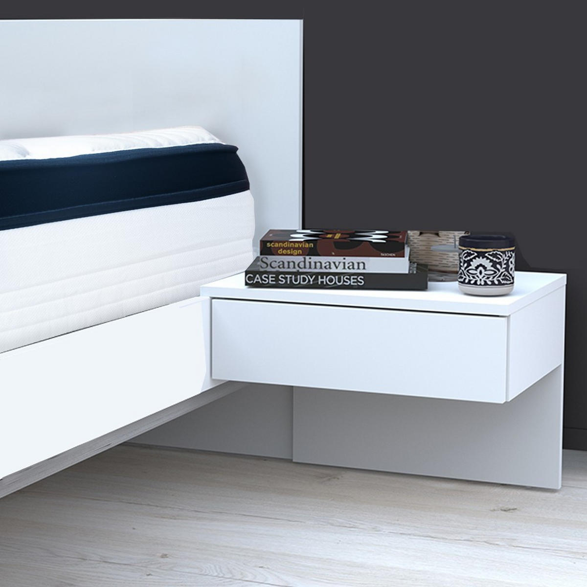BETT COOL 140x190 cm + 2 Konsolen + Lattenrost + Matratze CASSIE / Weiß - Weiß, Holzwerkstoff - Weber Industries