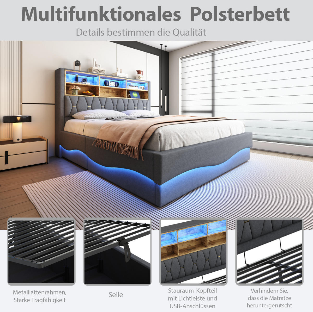 POLSTERBETT 140/200 cm Grau aus Leinen mit LED-Beleuchtung und Stauraum - Grau, Metall (140/200cm) - OKMYHOME