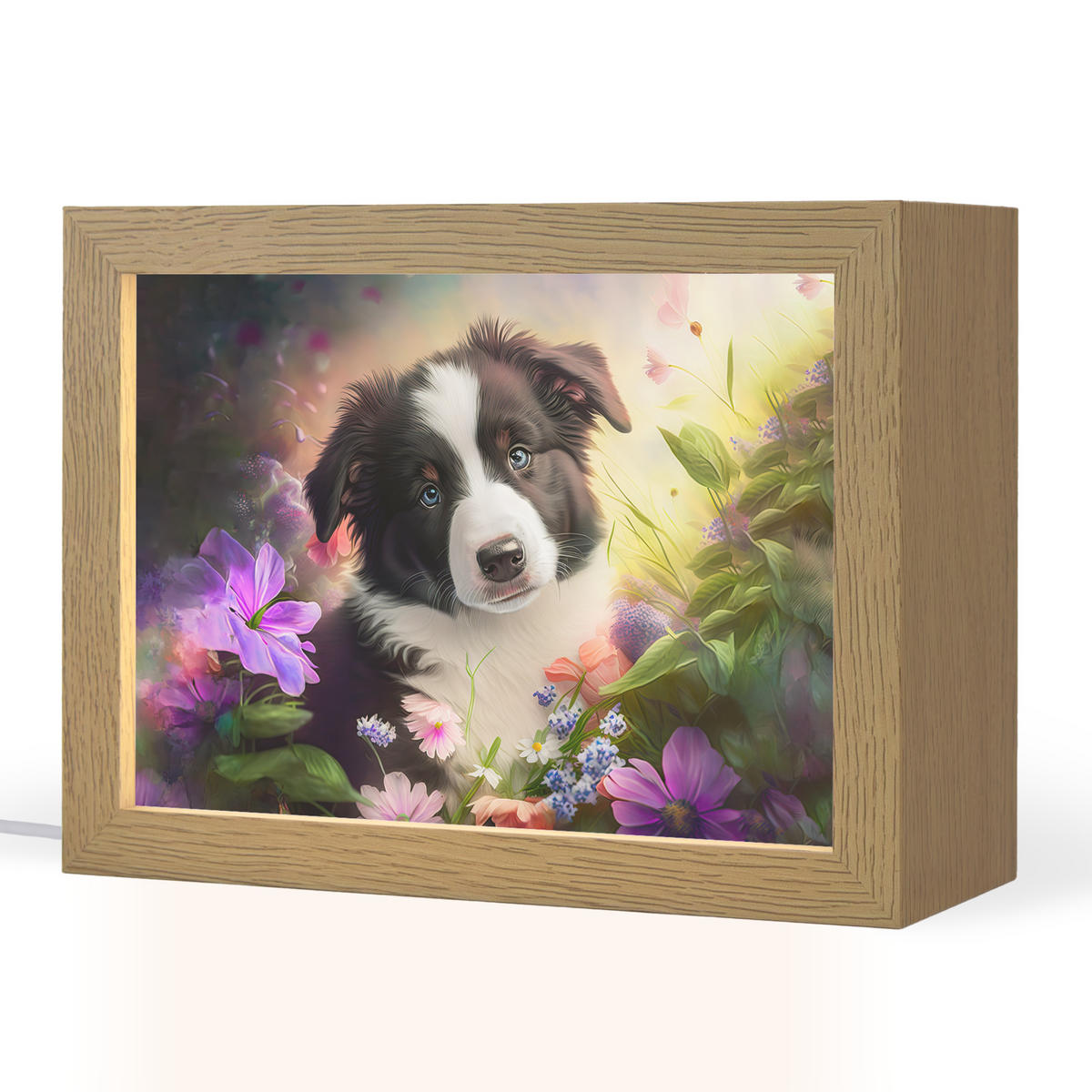 NACHTTISCHLAMPE Welpe - Sonne - Blumen - Natur - Border Collie - Hund 20x15 cm - Violett, Holzwerkstoff (8/20/15cm)