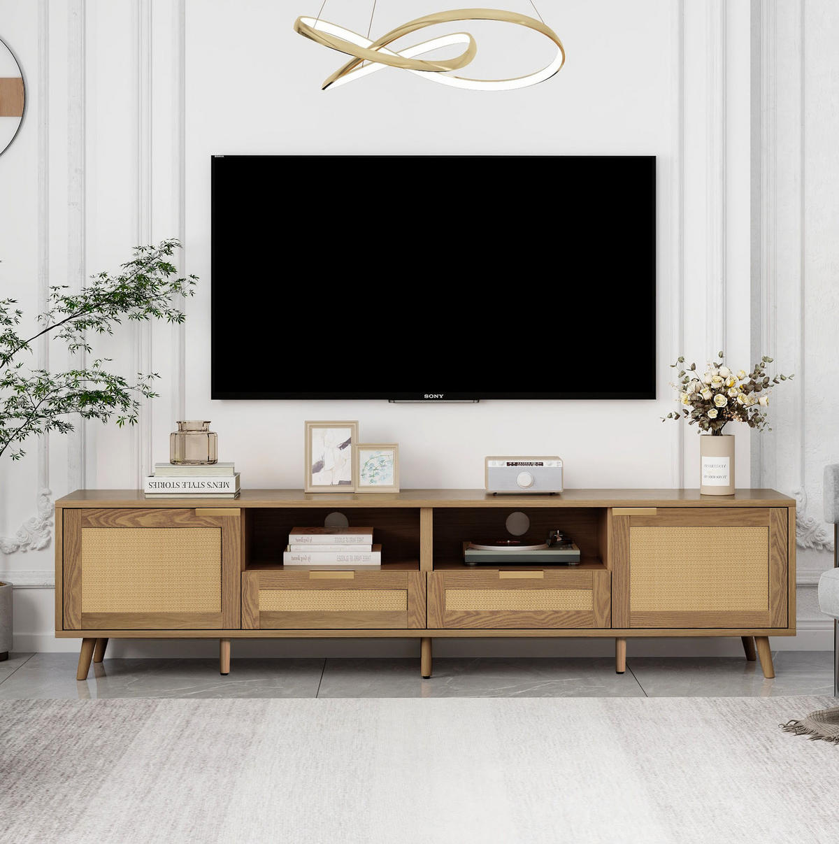 TV-SCHRANK aus Holzwerkstoff 200x37x49 cm Eiche mit 2 Türen, 2 Schubladen, Rattandesign und verstellbaren Füßen - Braun, Holzwerkstoff (200/49/37cm) - Modfu