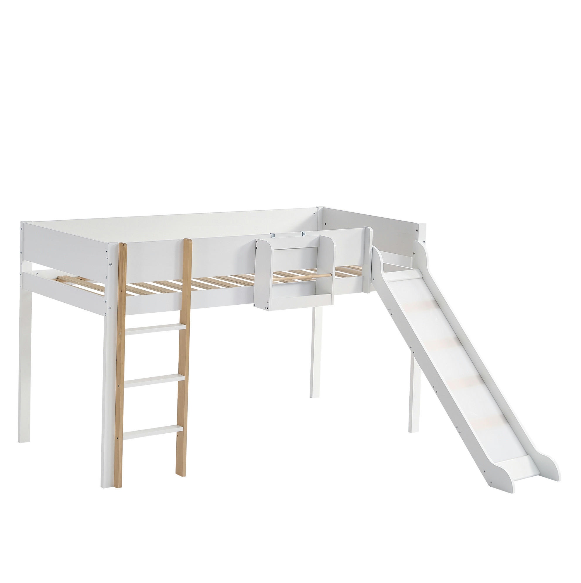 HOCHBETT 90/200 cm Weiß+Natur mit Rutsche und abnehmbarem Regal aus Kiefer+MDF - Weiß, Holzwerkstoff (90/200cm) - OKWISH