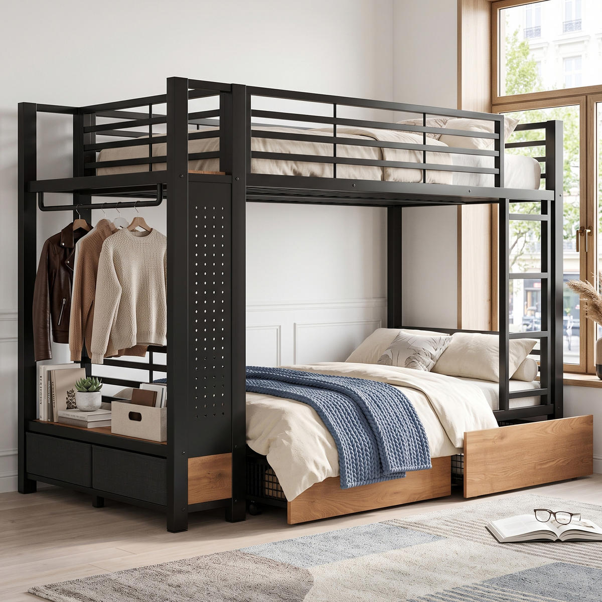 ETAGENBETT 90x200 Schwarz Metall mit 4 Schubladen, LED & Kleiderstange - Schwarz, Metall - Urban Meuble
