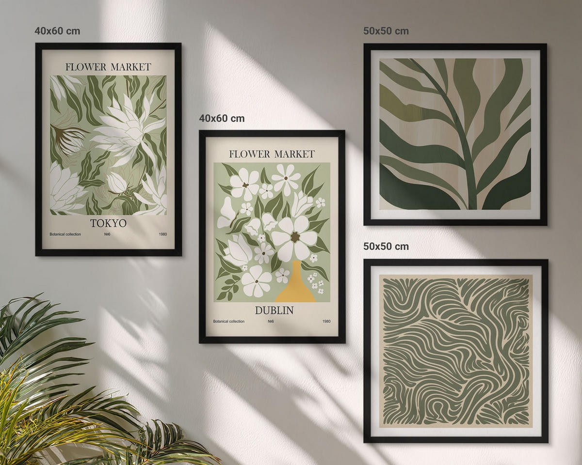 BILDER SET 4er Set - 50x50 cm & 40x60 cm Schwarzer Rahmen - Pflanzenmuster, Boho-Dekorationen - Schwarz, Kunststoff (50/50cm) - TULUP