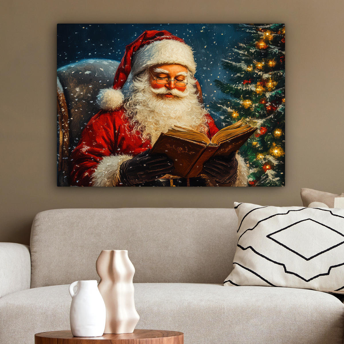 LEINWANDBILD Weihnachtsmann - Weihnachten - Winter - Weihnachtsbaum Wandbilder 80x60 cm - Bordeaux, Textil (80/60cm) - MuchoWow