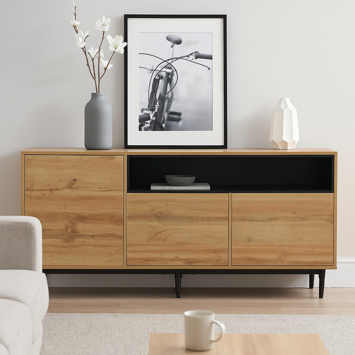 SIDEBOARD Schwarzer mit Türen und offenen Regalen, 160/35/76cm - Eichefarben, Holzwerkstoff/Metall (160/76/35cm) - Urban Meuble