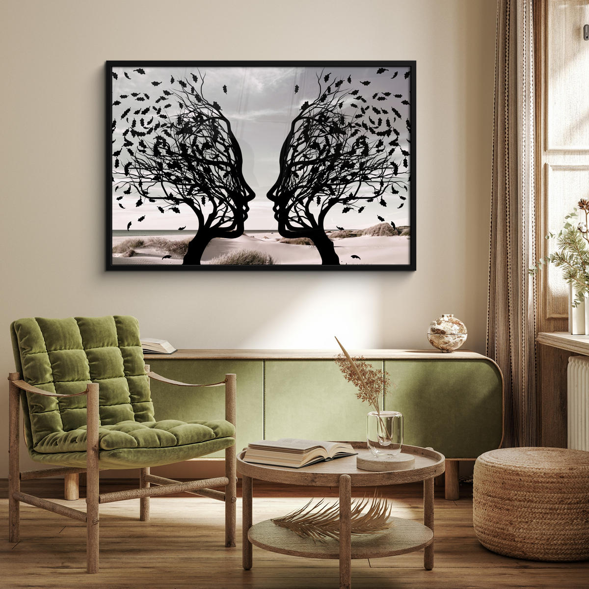 POSTER MIT RAHMENGERAHMTES BILD Strand - Meer - Menschen - Baum - Moderne Kunst 120x80 cm - Hellgrau, Papier (120/80cm) - MuchoWow