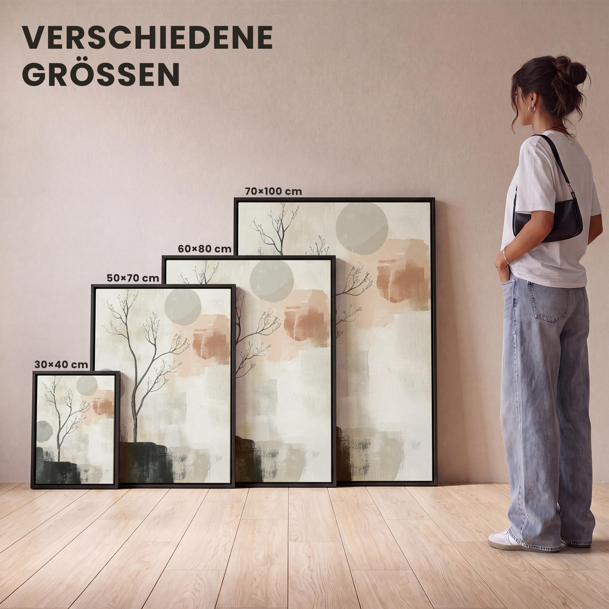 LEINWAND Bilder mit Rahmen - Wabi sabi - Beige - Pflanze - 50x70 - Sandfarben, Textil (50/70cm) - MuchoWow