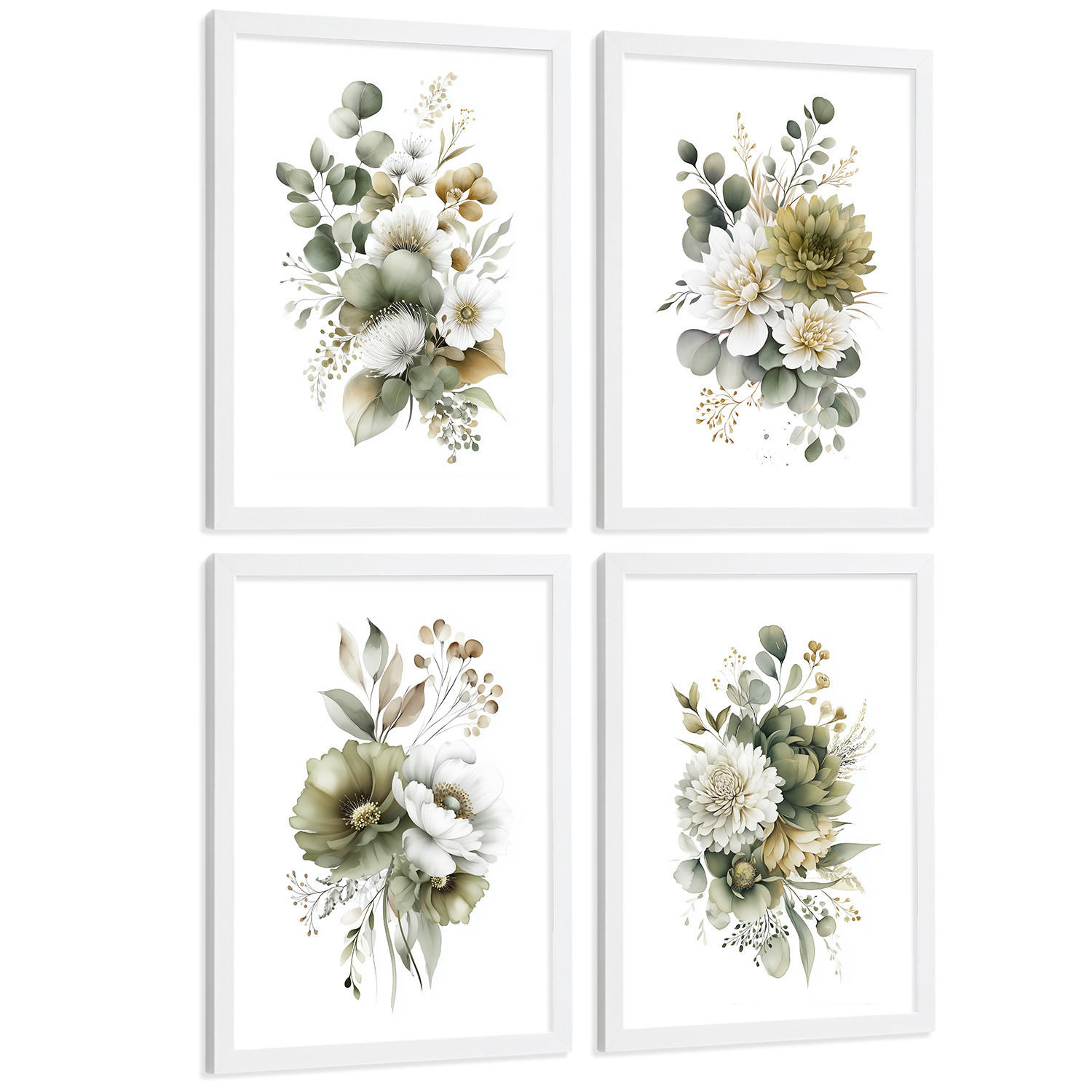 Nacnic PLAKAT Sada 4 boho botanických uměleckých tisků. Akvarelové květinové nástěnné umění. Velikost Bílý rám A3