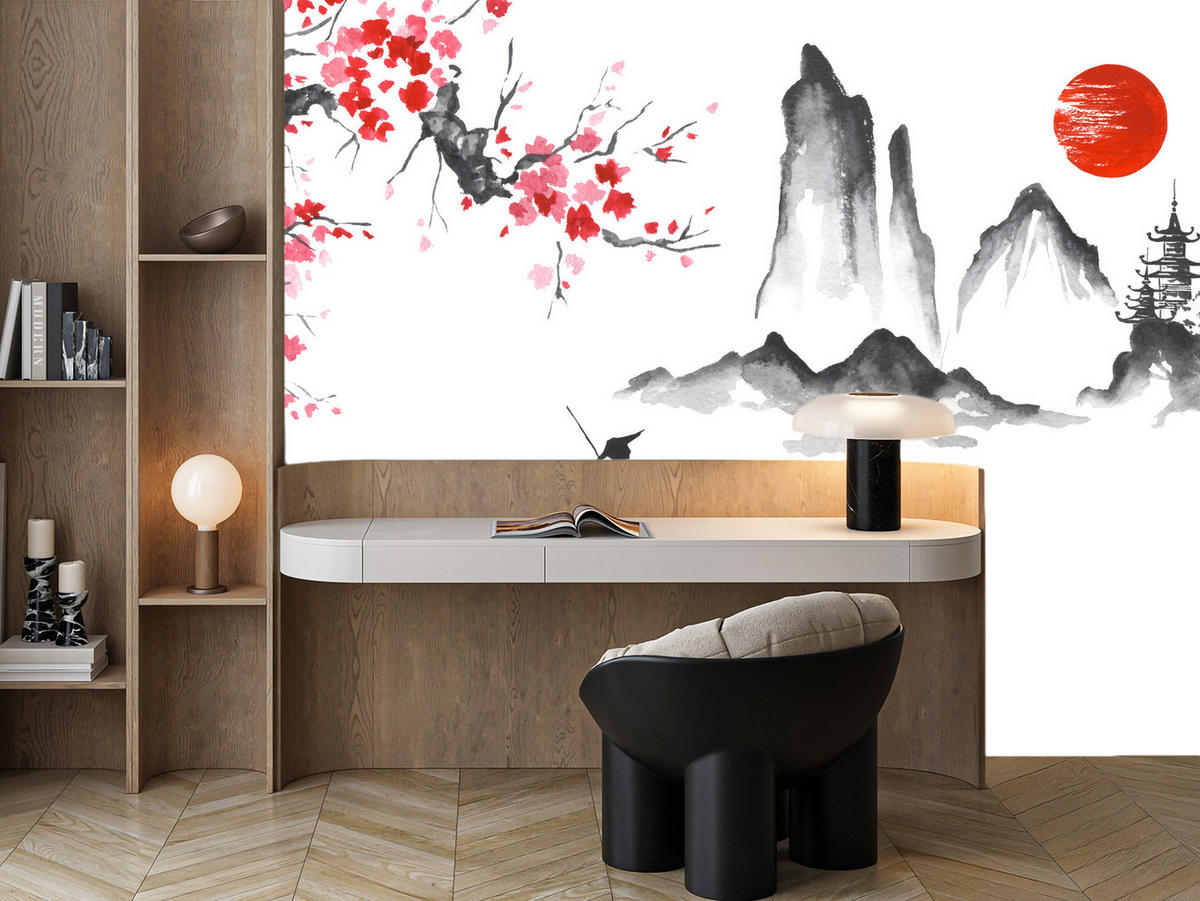 FOTOTAPETE Japanische Landschaft Aquarell 150x105 - Rot/Schwarz, Papier (150/105cm) - Muralo