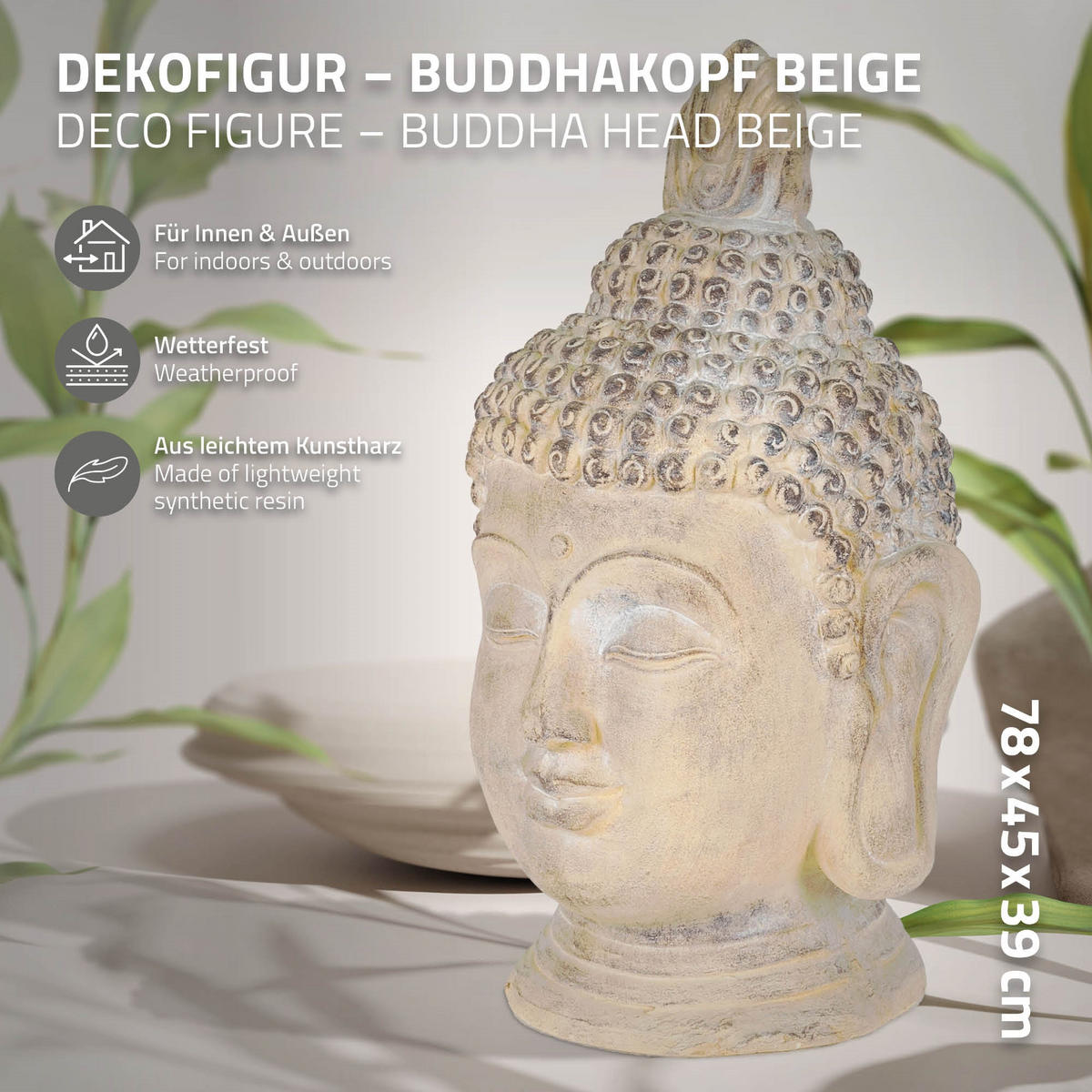 SOCHA HLAVY BUDDHY 78 cm béžová/šedá z polyresinu - béžová, plast (39/78/45cm) - ECD-Germany