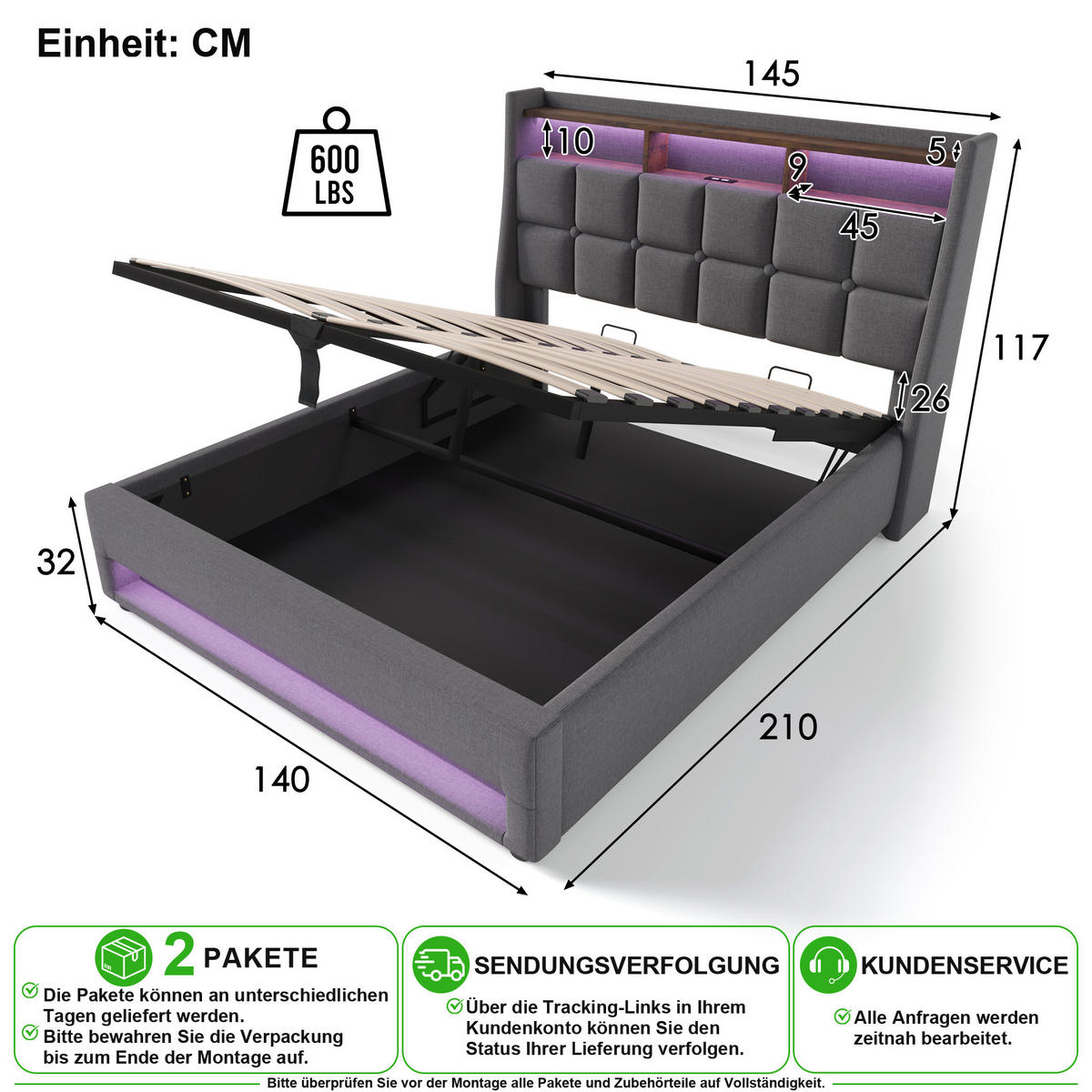 POLSTERBETT 140/200 cm in Grau Leinen mit Bettkasten, LED und USB - Grau, Holzwerkstoff/Textil (140/200cm) - CHICFURN