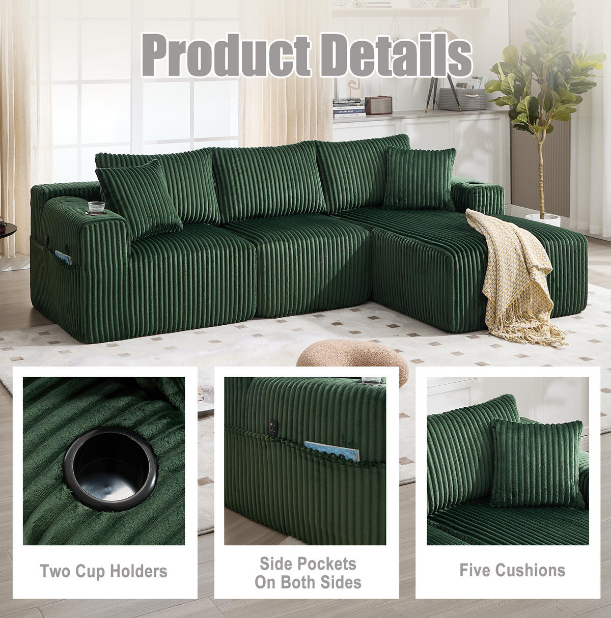 ECKSOFA 257/90-160/62 cm Smaragd aus Cord mit Chaiselongue - Smaragdgrün, Textil (160/257cm) - OKMYHOME