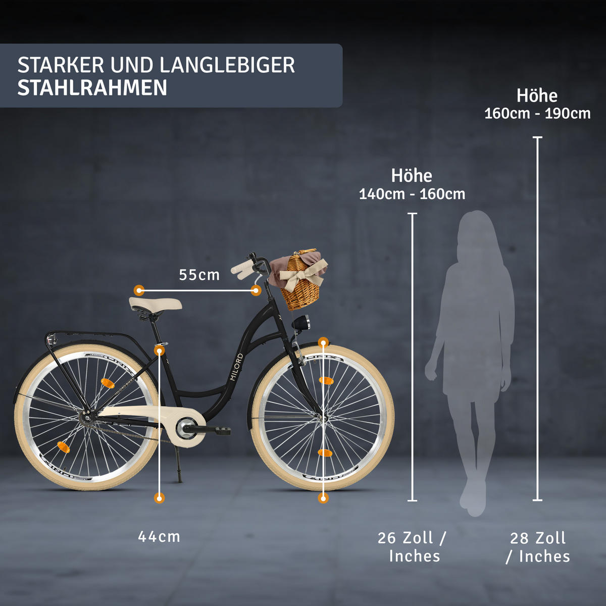 CITY-FAHRRAD Milord mit Weidenkorb, 28 Zoll, Schwarz-Creme, 1-Gang - Creme/Schwarz, Metall (46cm) - Milordbikes