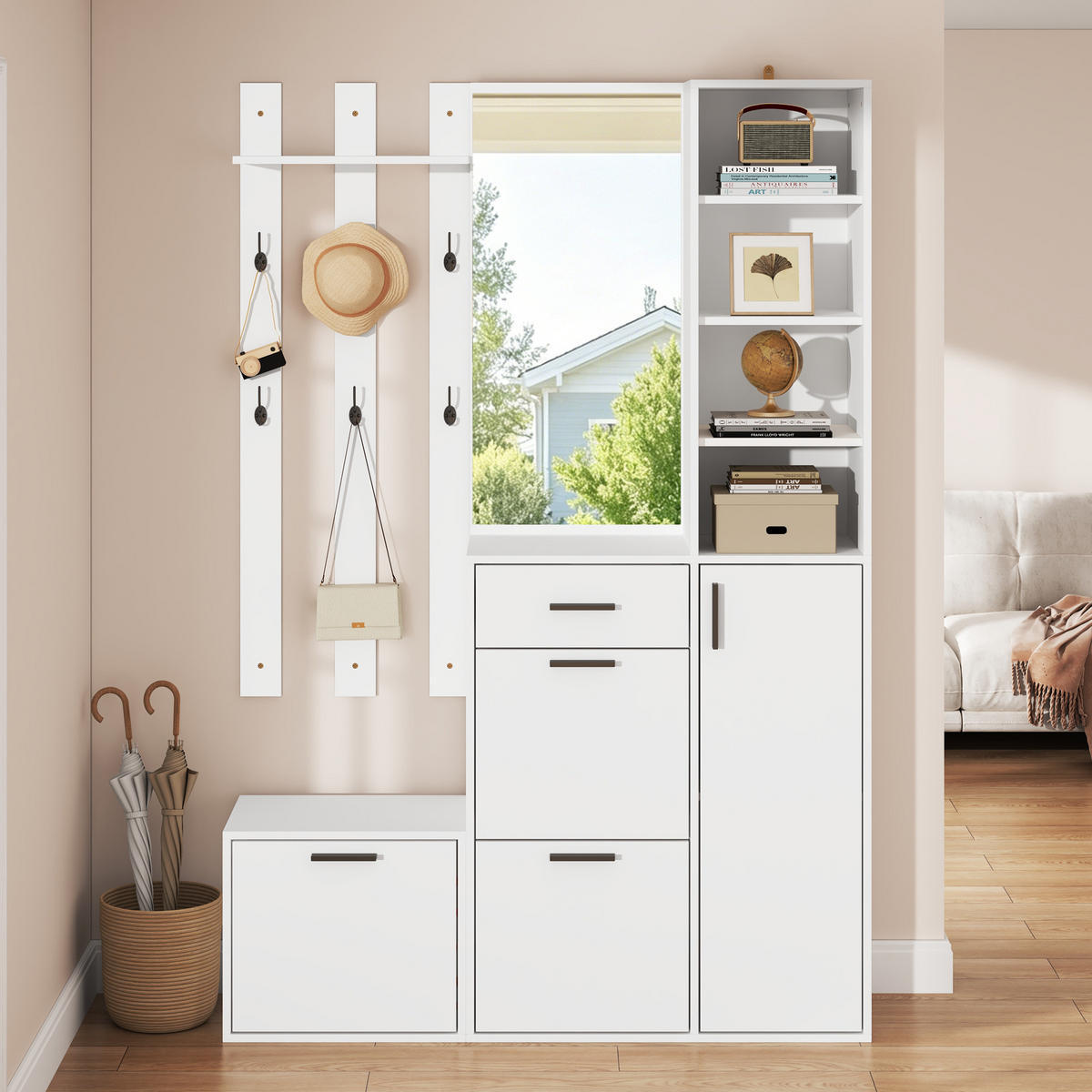 GARDEROBE Schuhschrank Spiegel Haken Wandmontiert Weiß - Weiß, Holzwerkstoff (120/178/30cm) - FLIEKS