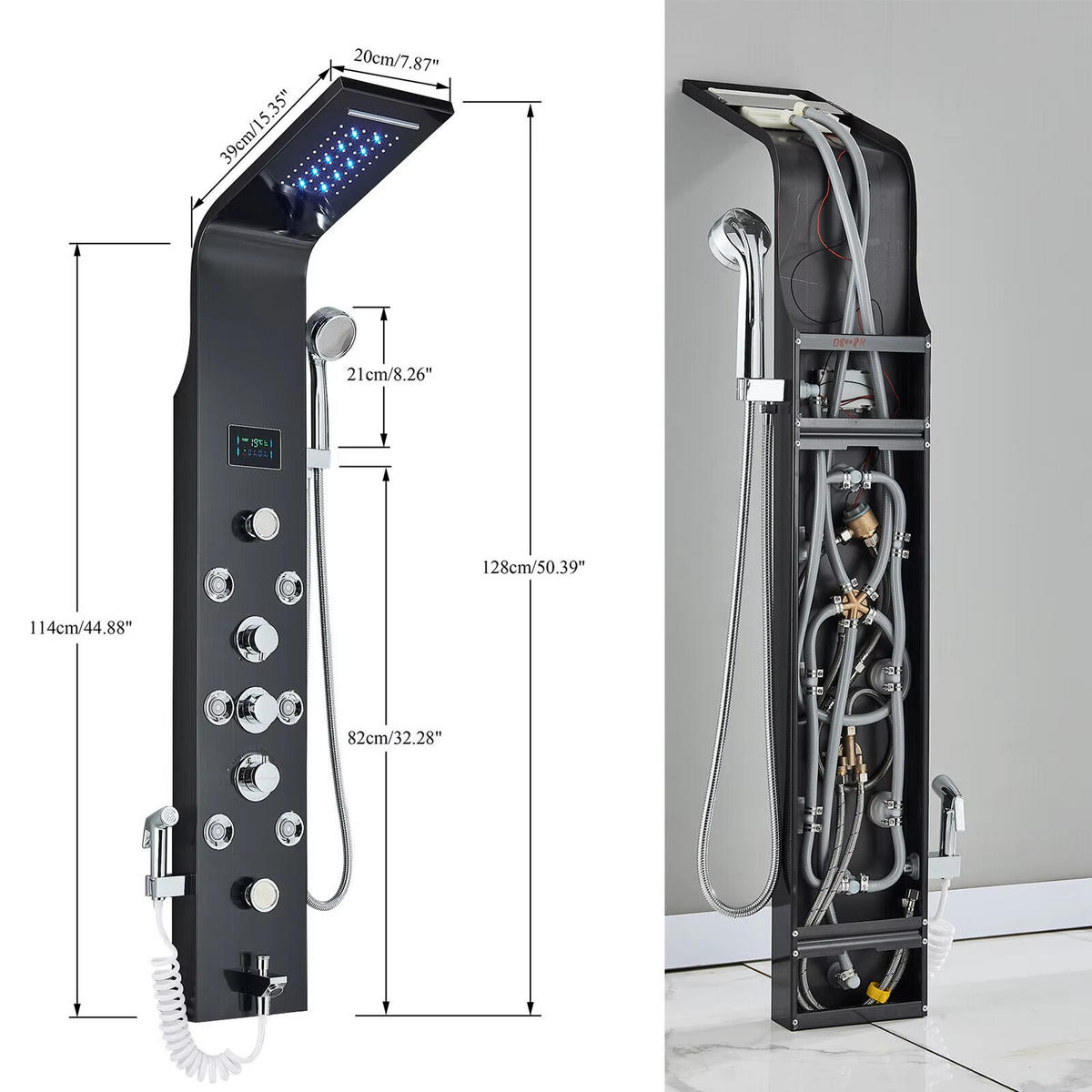 ÜBERKOPFBRAUSESET LED, Schwarz, Wasserfall SPA - Schwarz, Metall (20/114/39cm) - Kaket