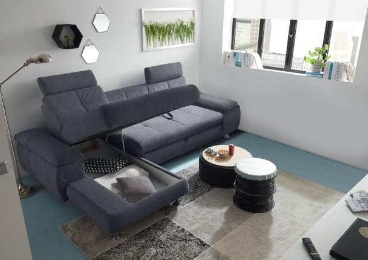 ECKSOFA mit Schlaffunktion und Bettkasten, Brego-Stoff - Chromfarben/Anthrazit, Textil/Metall (274/177cm) - ed exciting design