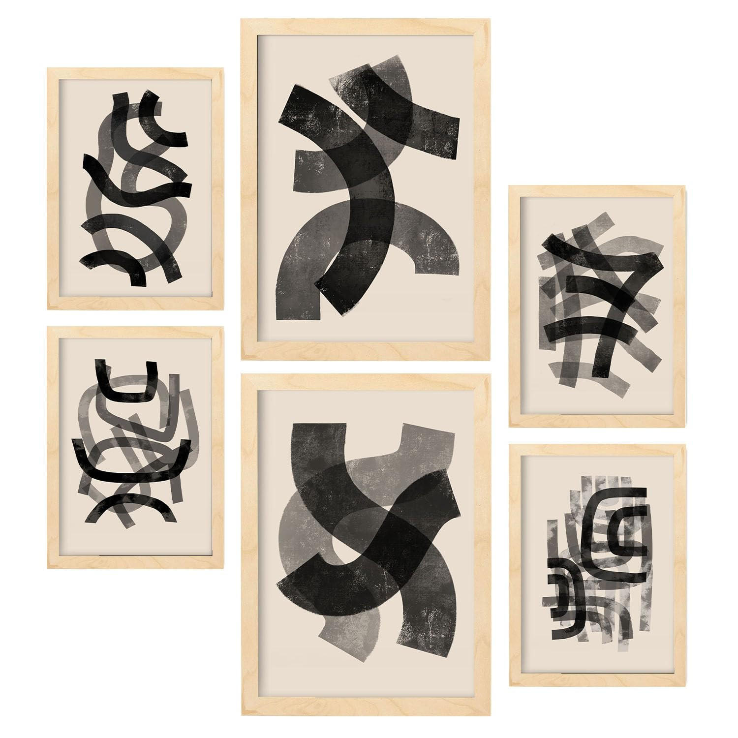 POSTER Set Mit 6 Gekrümmte Frames 1 In Form Abstracts Ästhetische Dekorative Gemälde Für Ihr Wohnzimmer Zuhause A3 & A4 Rahmen Aus Hellem Holz - Beige, Papier (29/3cm) - Nacnic
