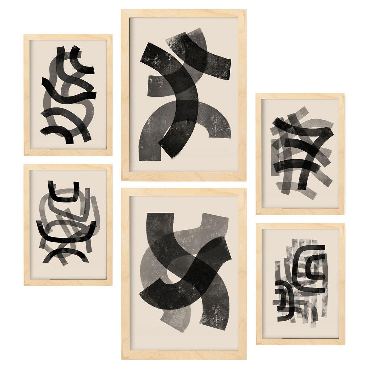 POSTER Set Mit 6 Gekrümmte Frames 1 In Form Abstracts Ästhetische Dekorative Gemälde Für Ihr Wohnzimmer Zuhause A3 & A4 Rahmen Aus Hellem Holz - Beige, Papier (29/3cm) - Nacnic