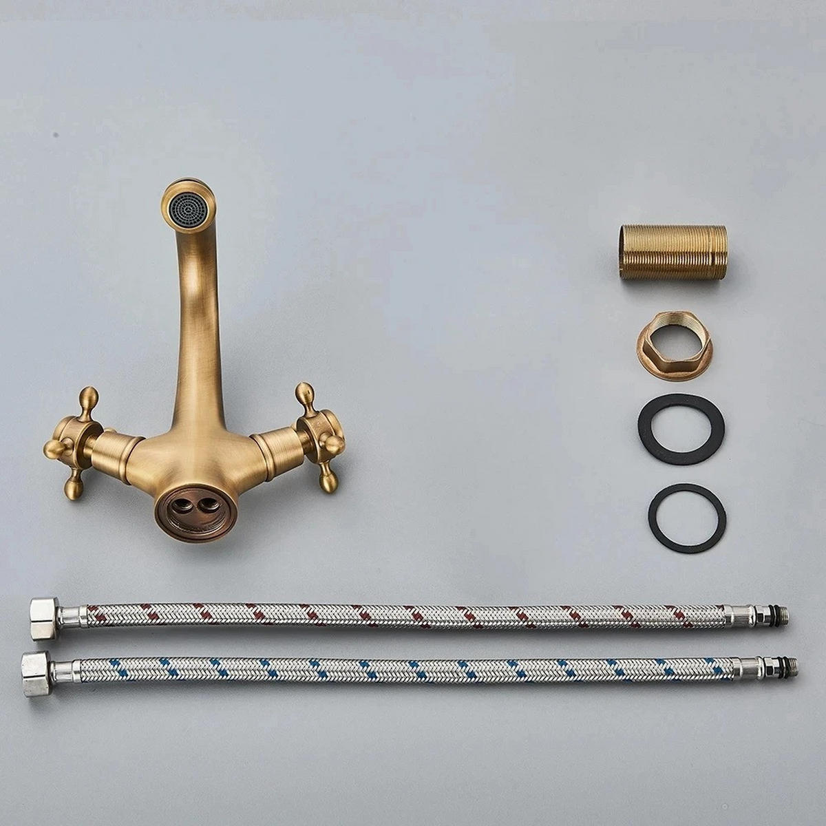 WASCHTISCHARMATUR Doppelgriffe heißes kaltes, Wasser Mischbatterie, Antik Messing - Messingfarben, Metall (8.5/14/4.3cm) - Kaket