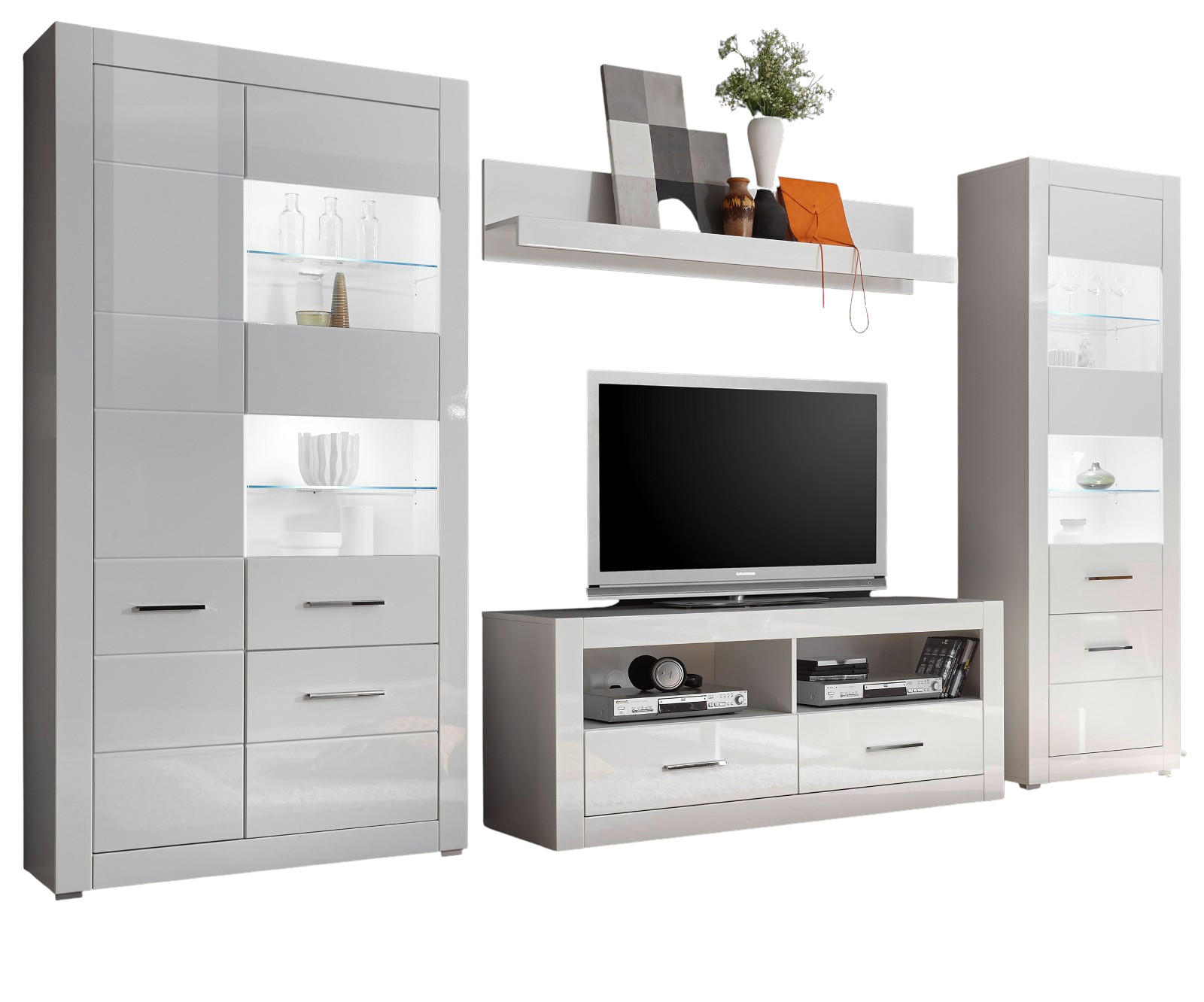 WOHNWAND weiß Hochglanz, Wohnkombination 4-teilig 335 x 198 cm - Chromfarben/Weiß Hochglanz, Glas/Holzwerkstoff (335/198/45cm) - Furn.Design