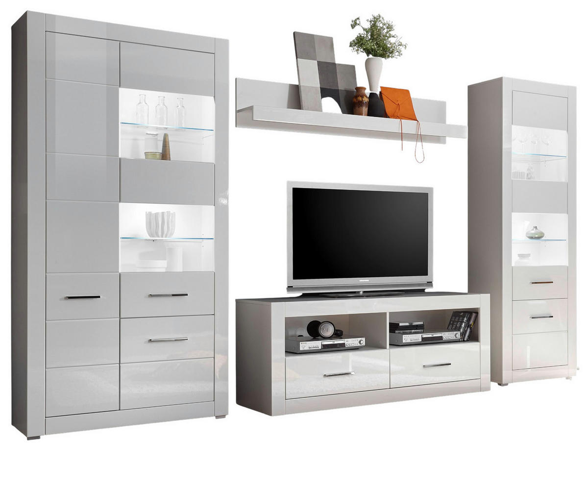 WOHNWAND weiß Hochglanz, Wohnkombination 4-teilig 335 x 198 cm - Chromfarben/Weiß Hochglanz, Glas/Holzwerkstoff (335/198/45cm) - Furn.Design