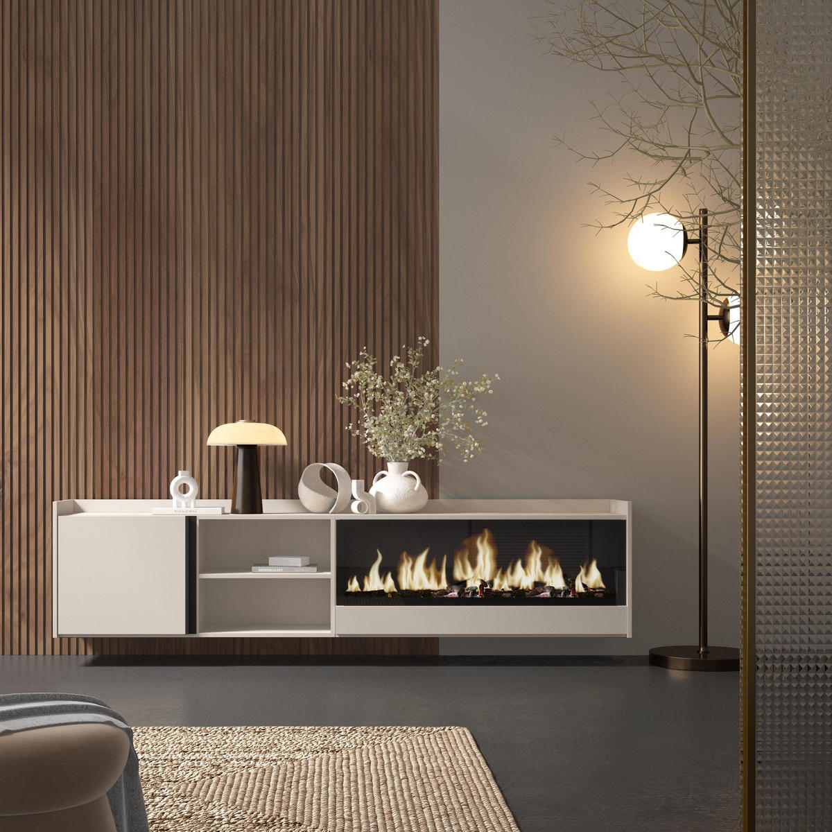 LOWBOARD, Beige, 212/35/50cm, Kamin mit Feuereffekt XXL - Beige, Holzwerkstoff (212/50/35cm) - Skraut Home
