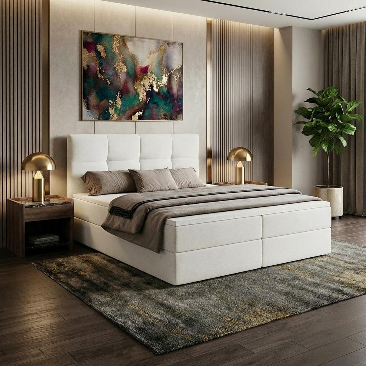 BOXBETT MORENO mit Bettkasten 180x200 cm inkl. Bonell-Federkernmatratze H3 und Topper – Polsterbett Stoff ASTI Weiß - Weiß, Textil (180/200cm) - Luxkor24