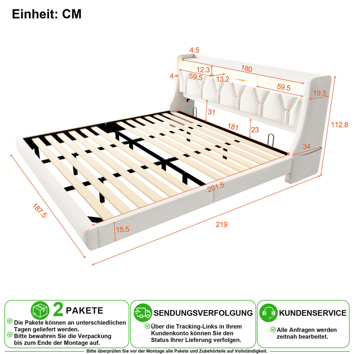 POLSTERBETT 180/200 cm in Beige Samt mit LED, USB, Type-C und Ablage - Beige, Holzwerkstoff/Textil (180/200cm) - CHICFURN
