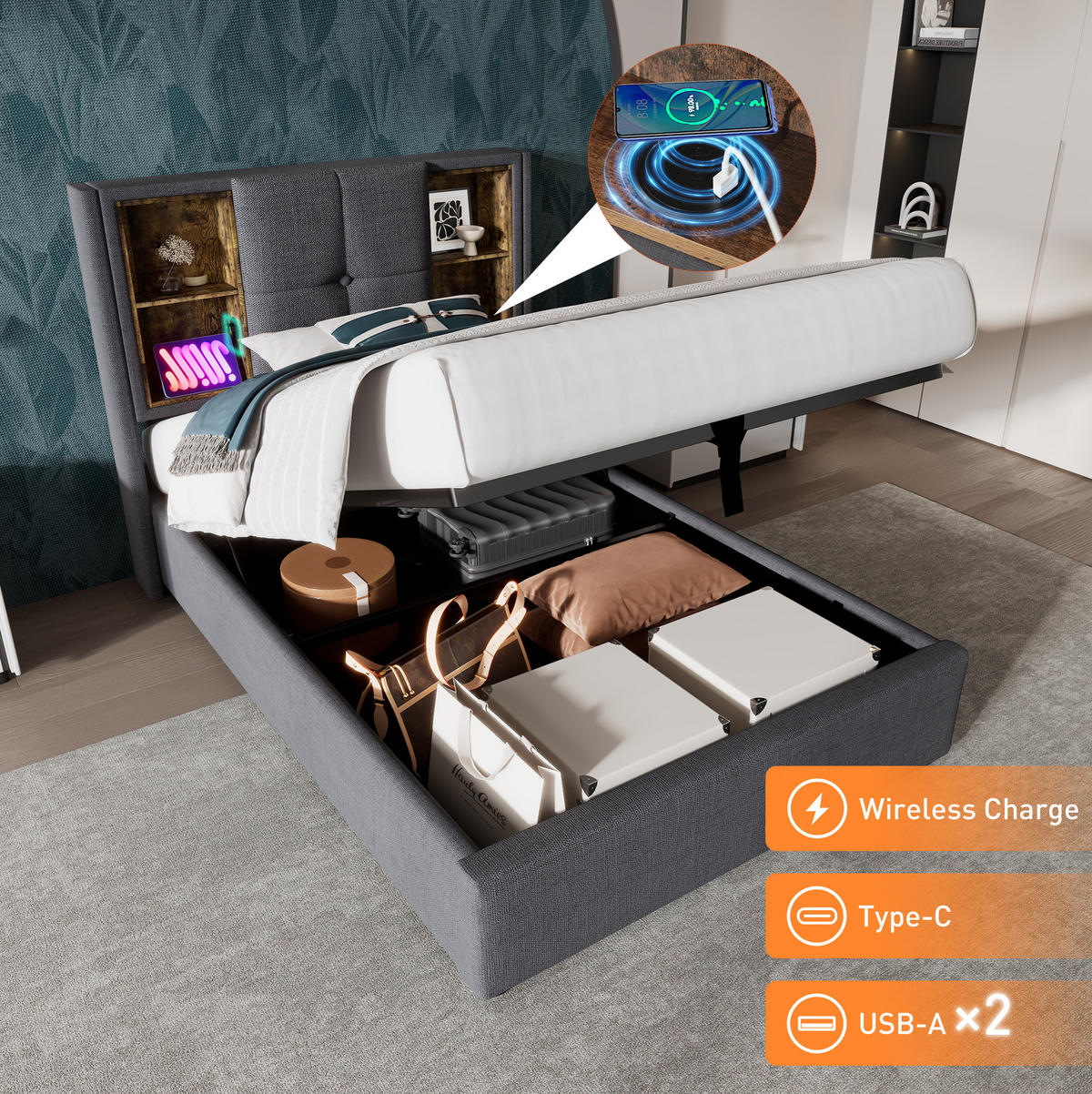POLSTERBETT 90/200 cm Grau mit Stauraum, Matratze und Wireless Charging - Grau, Textil (90/200cm) - Flora Grace