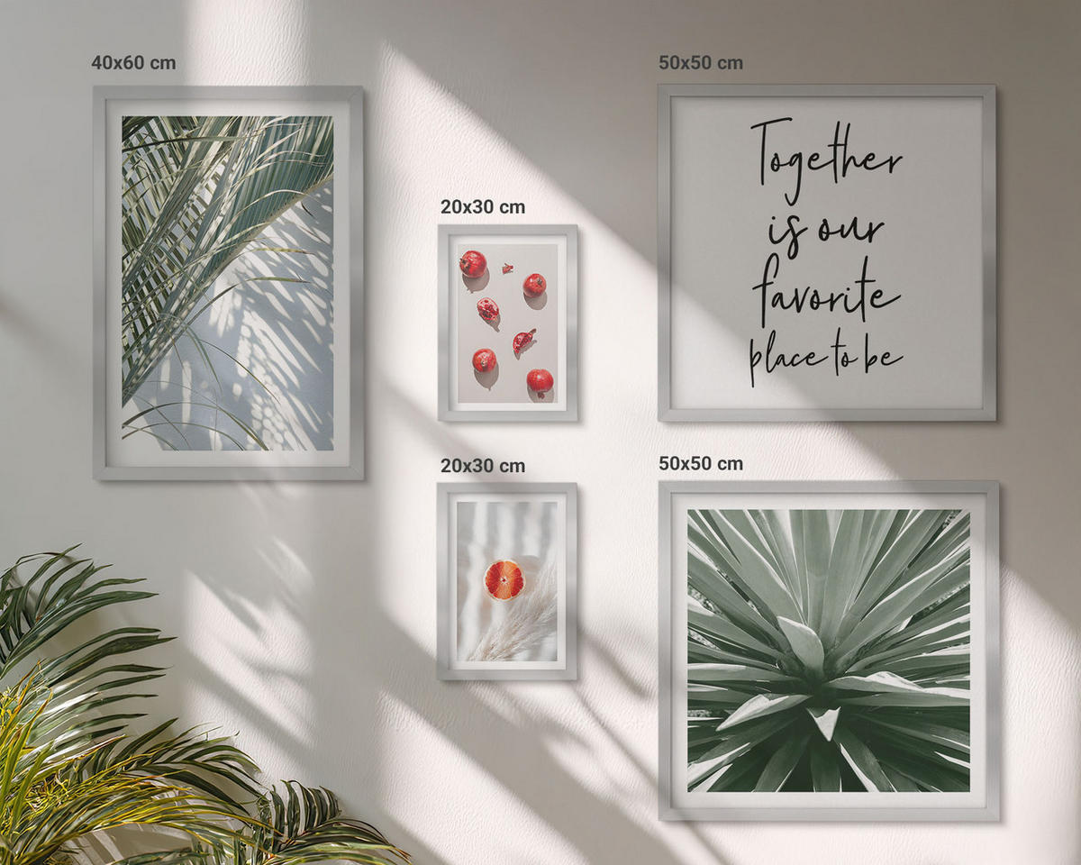 WANDBILDER 5er Set - 50x50 cm & 20x30 cm & 40x60 cm Silberner Rahmen - Feiertags-Palmenfrucht-Inschrift - Silberfarben, Kunststoff (40/60cm) - ArtPrintCave