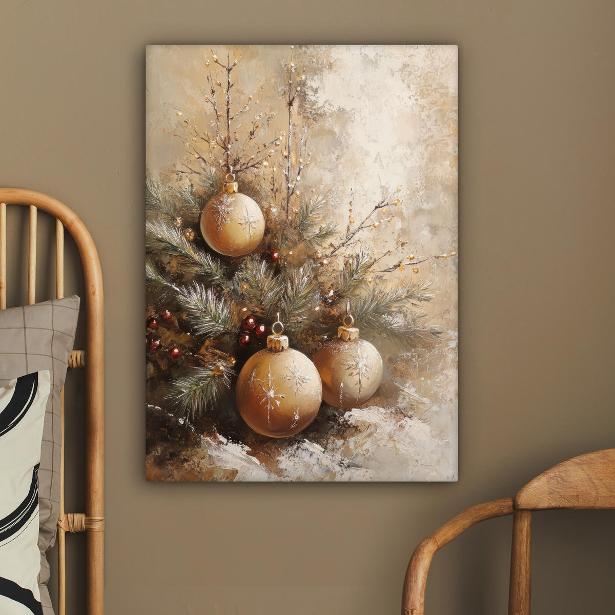 LEINWANDBILD Weihnachten - Kugeln - Beige - Gold 60x80 cm - Goldfarben, Textil (60/80cm) - MuchoWow