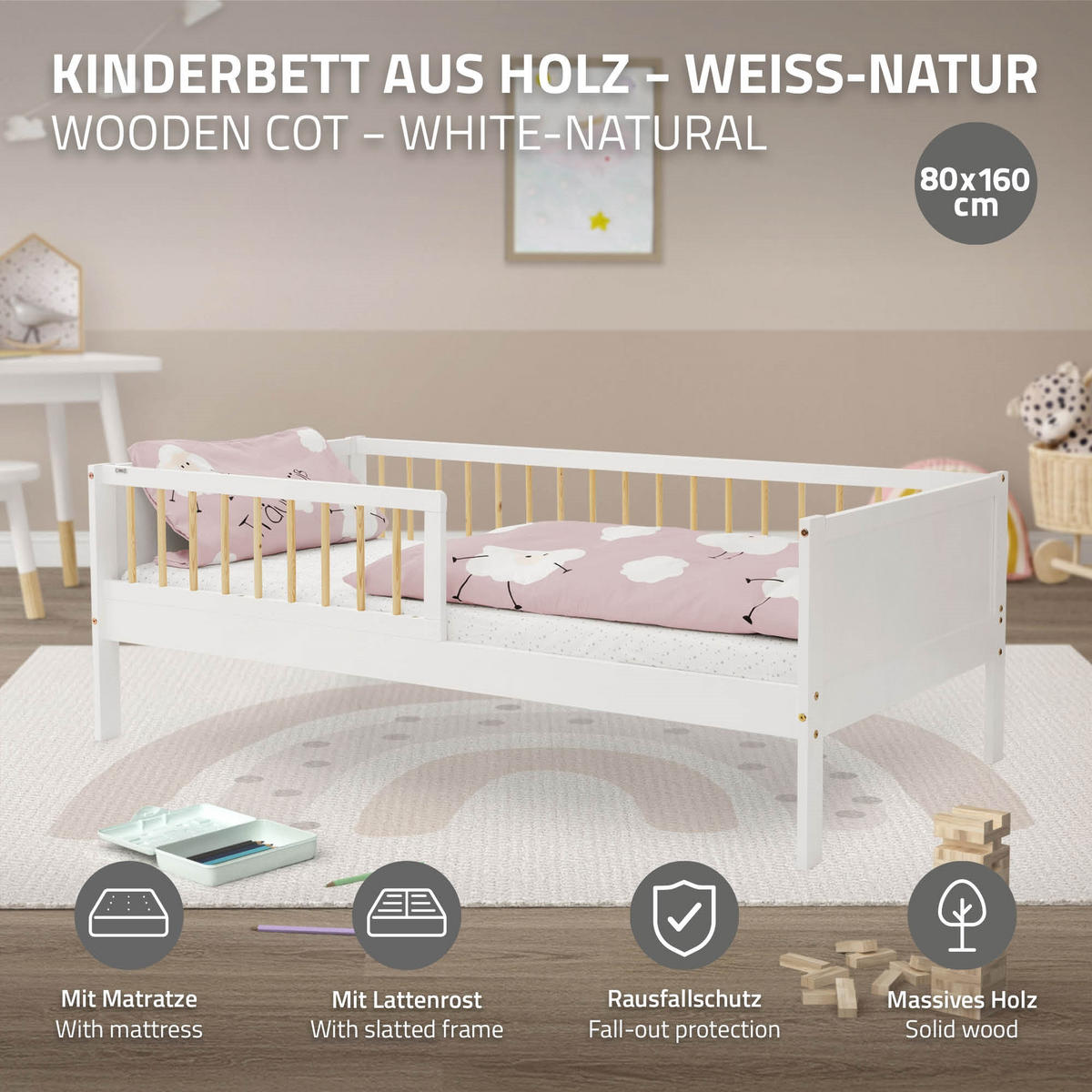 KINDERBETT mit Matratze 80x160 cm Weiß/Natur - Multicolor, Holzwerkstoff - ML-DESIGN
