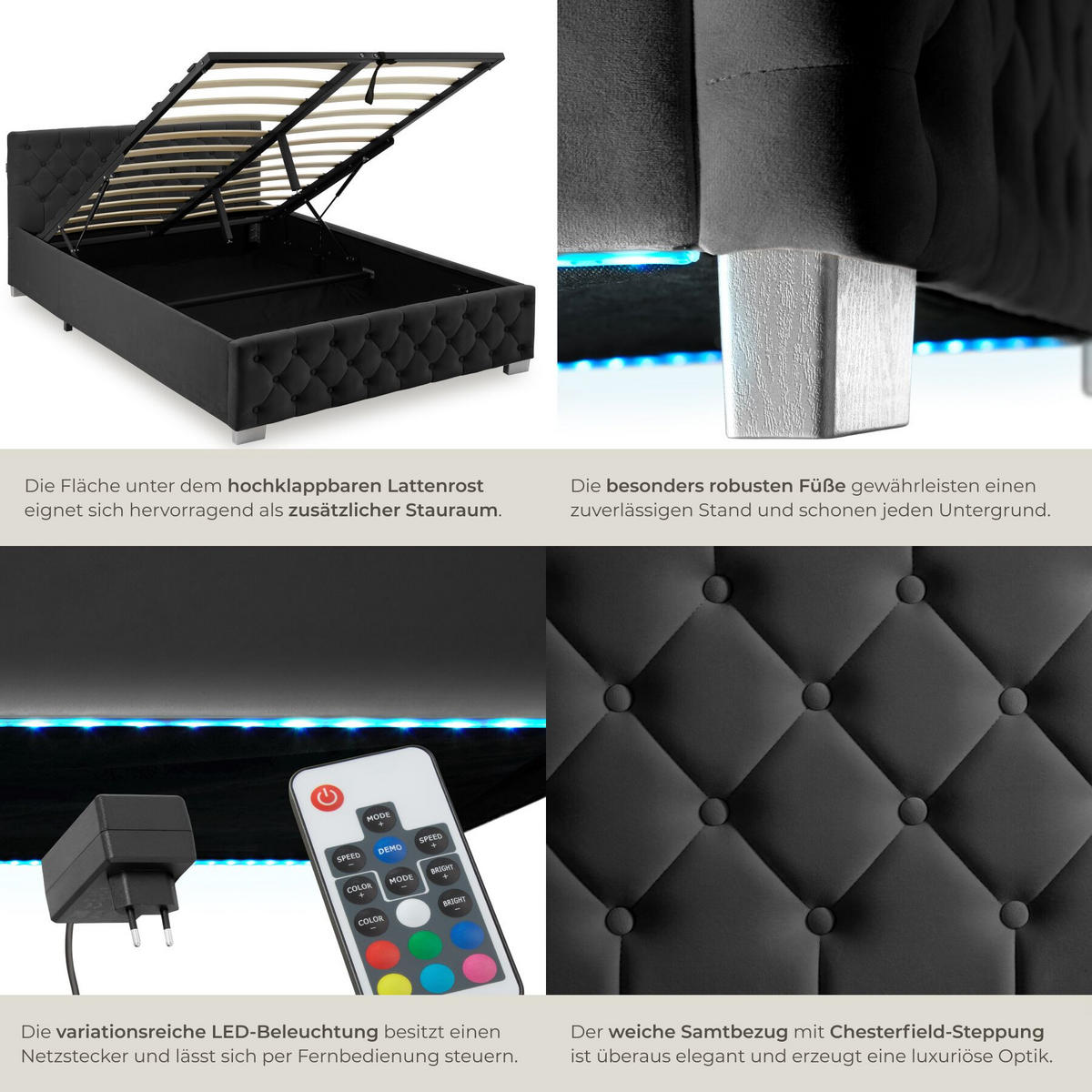 POLSTERBETT Venice, großer Stauraum, Samtoptik schwarz - Schwarz/Samtahornfarben, Holz (140/200cm) - tectake