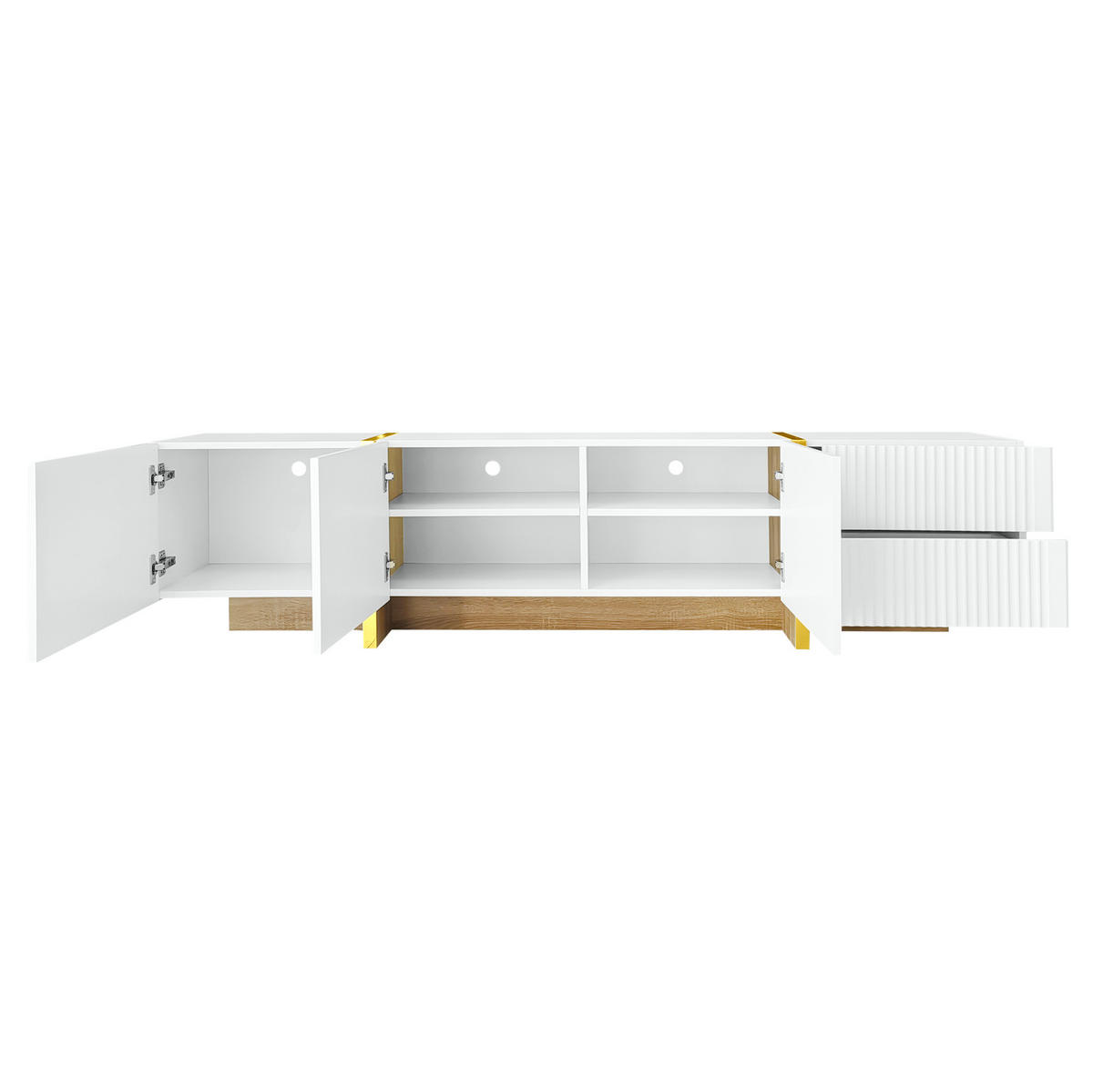 TV-SCHRANK aus MDF und Spanplatte 190x35x45 cm Weiß, Gold und Holzmaserung mit 3 Türen, 2 Schubladen und Dämpfungsscharnieren - Weiß, Holzwerkstoff (190/45/35cm) - Modfu