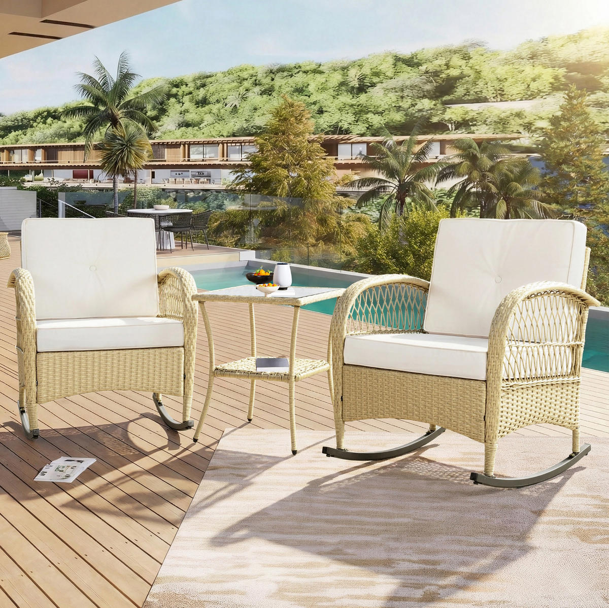 BALKONGARNITUR 3-tlg. mit 2 Schaukelstühlen und Glastisch, wetterfestes Rattan-Design, Beige - Beige, Metall - Redom
