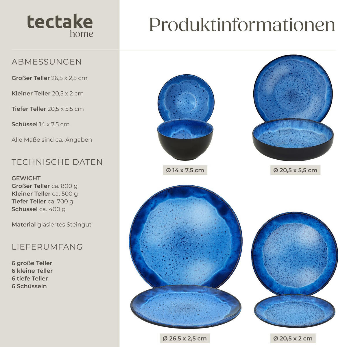 TAFELSERVICE Mare, ineinander stapelbar, blau - Blau, Keramik (26.5/2.5/26.5cm) - tectake