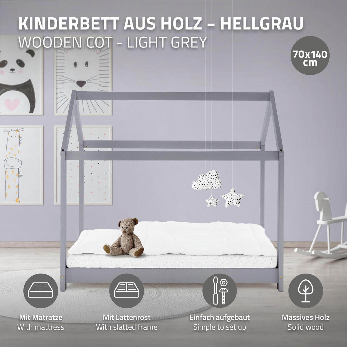 KINDERBETT mit Dach und Matratze 70x140 cm Hellgrau - Hellgrau, Holz (70/140cm) - ML-DESIGN
