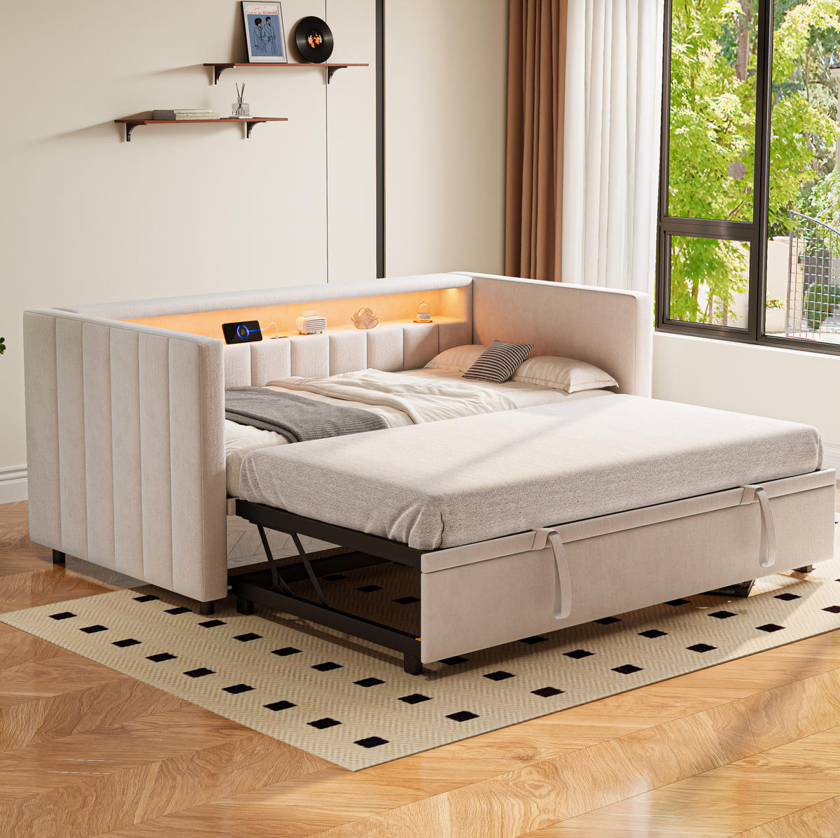 POSTEĽ 201/100-192/73 cm zamat béžová s LED osvetlením a USB-C - béžová, textil (90/190cm) - BEAOK