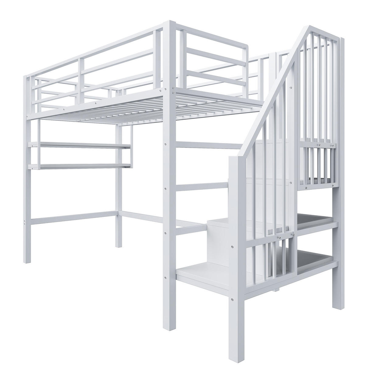 HOCHBETT 90/200 cm weiß aus Metall mit Stauraumleiter und Regalen - Weiß, Metall (90/200cm) - OKWISH