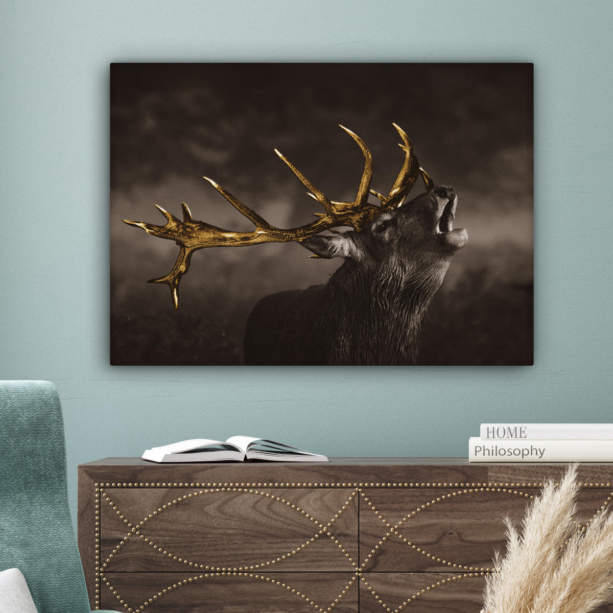 LEINWANDBILD Rotwild - Schwarz - Gold Wandbilder 80x60 cm - Braun, Textil (80/60cm) - MuchoWow