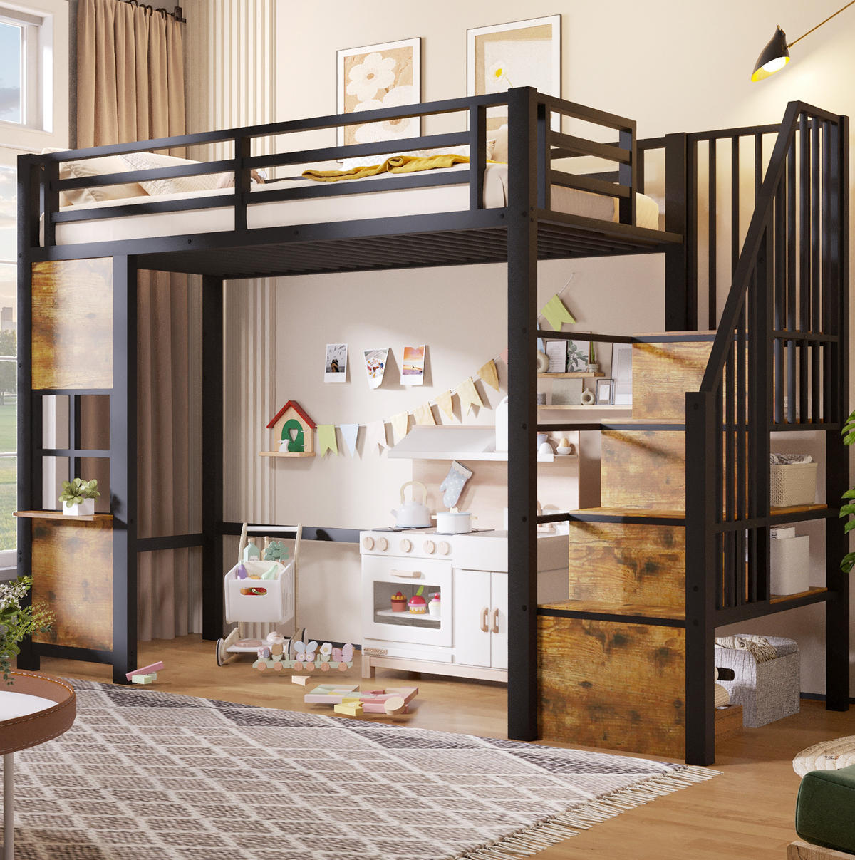 HOCHBETT 90/200 cm aus Metall und MDF mit Stauraumleiter, Schwarz - Schwarz, Holzwerkstoff (90/200cm) - OKMYHOME