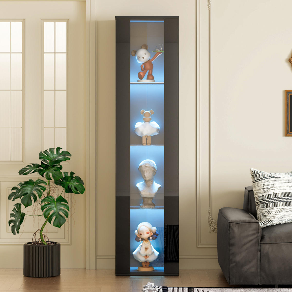 VITRINE mit Acrylglas 4 Ebenen LED Farbwechsel Fernbedienung/APP Spanplatte Transparent Design - Transparent/Schwarz, Glas/Holzwerkstoff (40/170/29cm) - EVRYAE