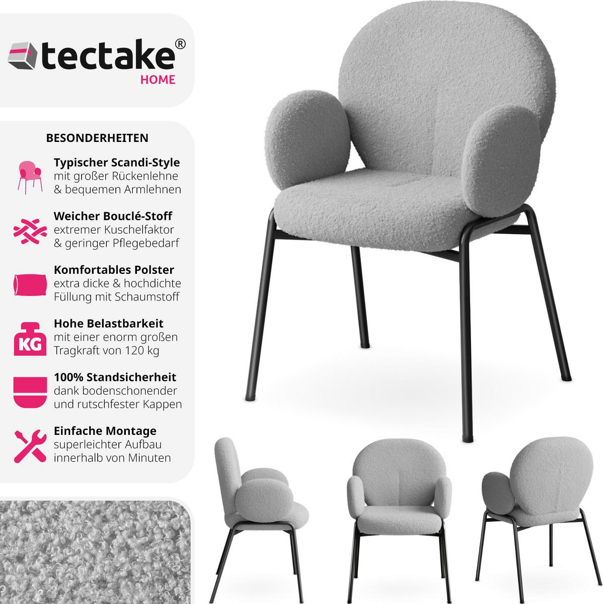 STUHL 1er Set Scandi Belastbarkeit 120 kg 61 5 x 62 x 90 - Hellgrau, Kunststoff (62/90/61.5cm) - tectake